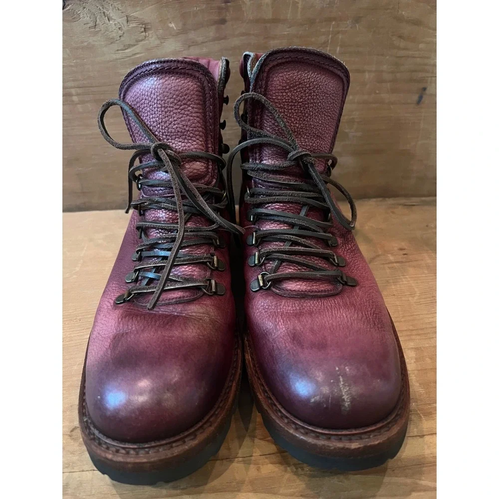 Antonio Maurizi Mens 9.5 Burgundy Pebbled Leather Hiking Boots Italy Lug Sole
